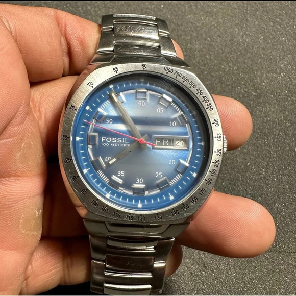 Fossil Blue Mens Quartz Day Date Watch Working With New Battery AM3848 WR100M